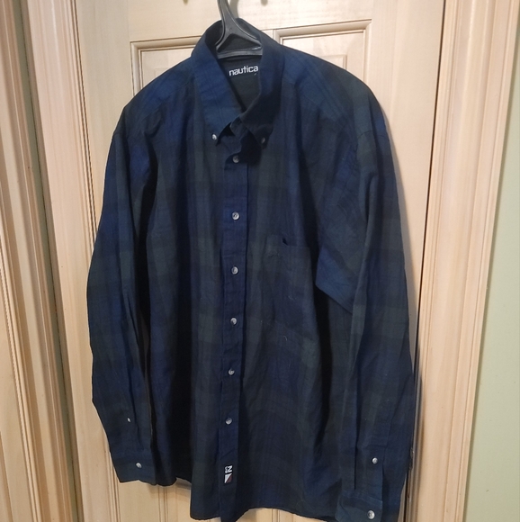 Mens sz L Nautica Navy blue and green plaid long sleeve shirt Classic Preppy - Picture 6 of 6